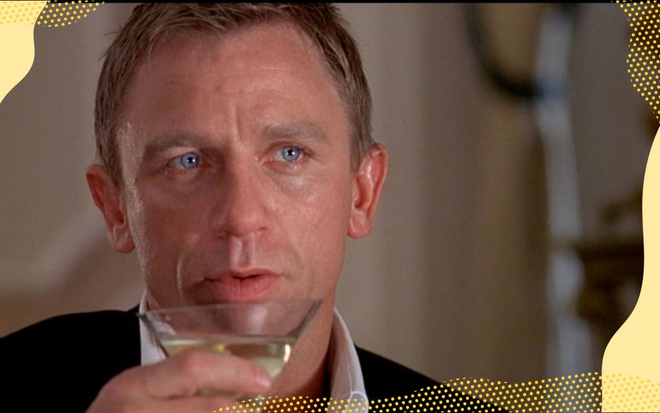 screengrab from James Bond Casino Royale shows Daniel Craig as James Bond drinking a martini