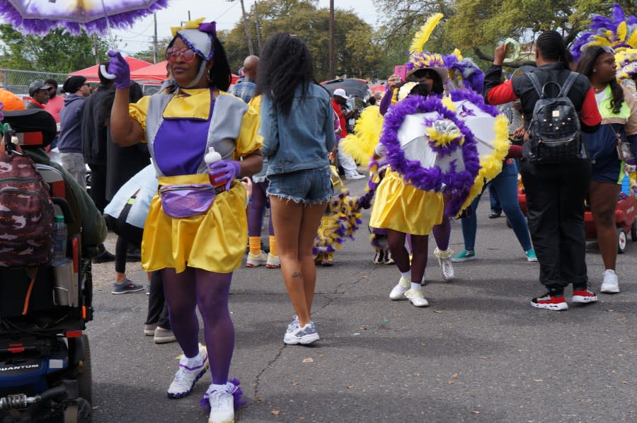 Mardi Gras Indians and revelers during the Uptown Super Sunday celebration in New Orleans (LeBron Joseph photo)