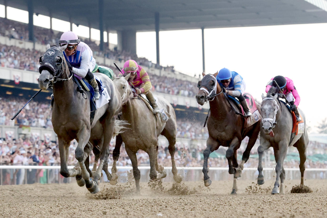 ELMONT, NEW YORK - JUNE 10: Arcangelo with Javier Castellano up wins the 155th Running of the Belmont Stakes at Belmont Park on June 10, 2023 in Elmont, New York. (Photo by Sarah Stier/Getty Images)