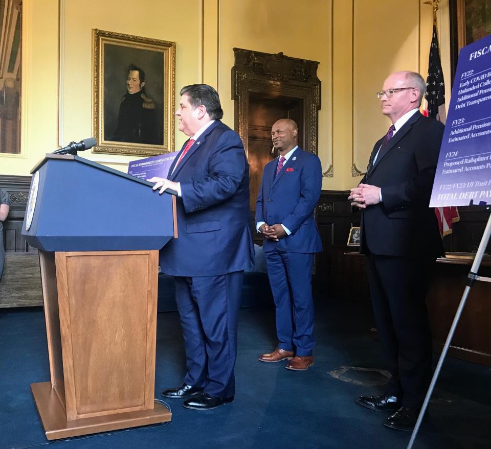 Gov. JB Pritzker, flanked by House Speaker Emanuel "Chris" Welch and Senate President Don Harmon, discussed the FY 2024 budget on Wednesday, March 24, 2023.