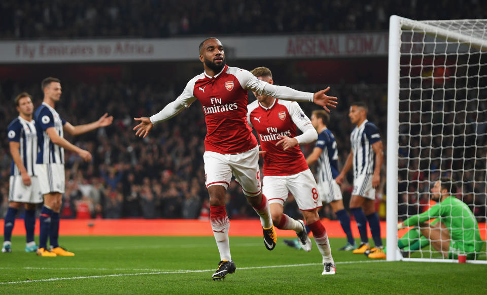 Alexandre Lacazette of Arsenal celebrates his first of two goals against West Bromwich Albion. (Getty Images)