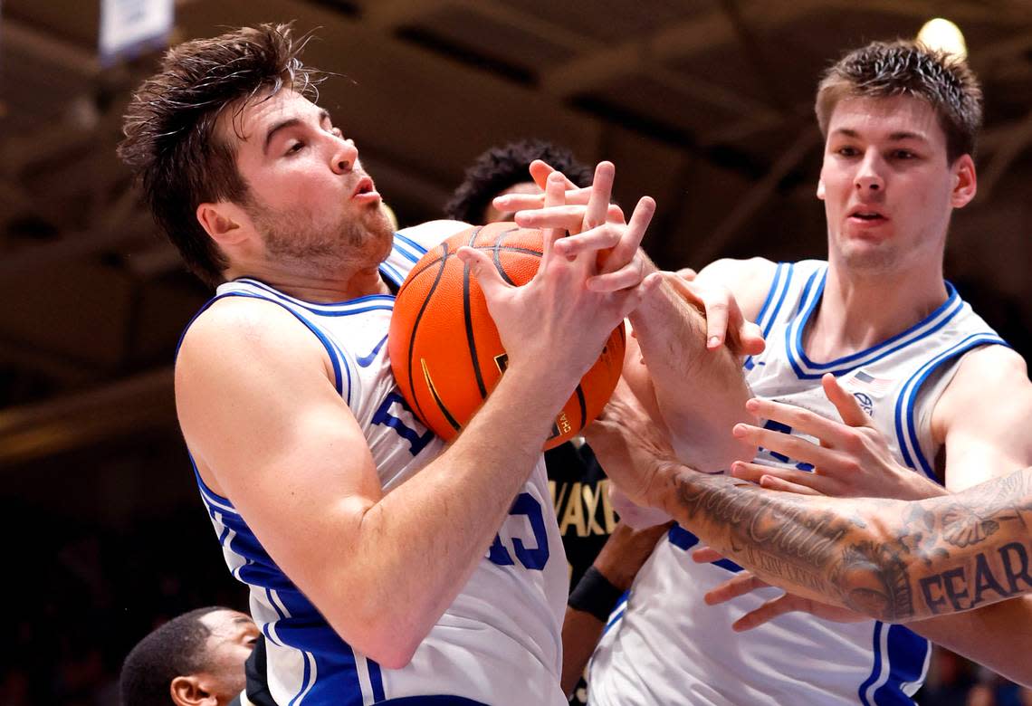 Duke’s Ryan Young (15) pulls in the rebound during the first half of Duke’s game against Wake Forest at Cameron Indoor Stadium in Durham, N.C., Tuesday, Jan. 31, 2023.