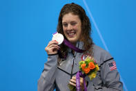 Silver medalist <a href="http://sports.yahoo.com/olympics/swimming/allison-schmitt-1133648/" data-ylk="slk:Allison Schmitt;elm:context_link;itc:0;sec:content-canvas" class="link ">Allison Schmitt</a> of the United States poses on the podium during the medal ceremony following the Women's 400m Freestyle final on Day 2 of the London 2012 Olympic Games at the Aquatics Centre on July 29, 2012 in London, England. (Photo by Clive Rose/Getty Images)