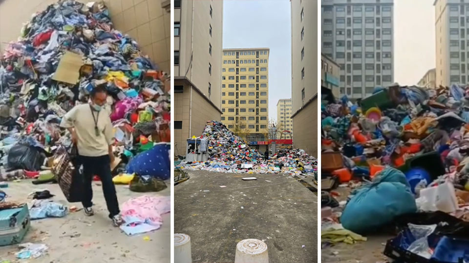Left - A man carries his bag past a massive pile of belongings. Centre - a far shot of the belongings. Right - close up of the belongings.