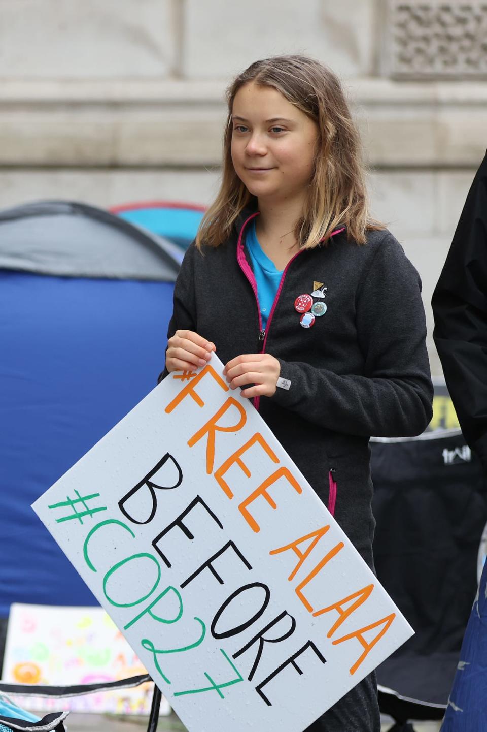 <div class="inline-image__caption"><p>Climate activist Greta Thunberg protested the imprisonment of British-Egyptian activist Alaa Abd El-Fattah on October 30, 2022 in London, England ahead of COP27. </p></div> <div class="inline-image__credit">Hollie Adams via Getty</div>