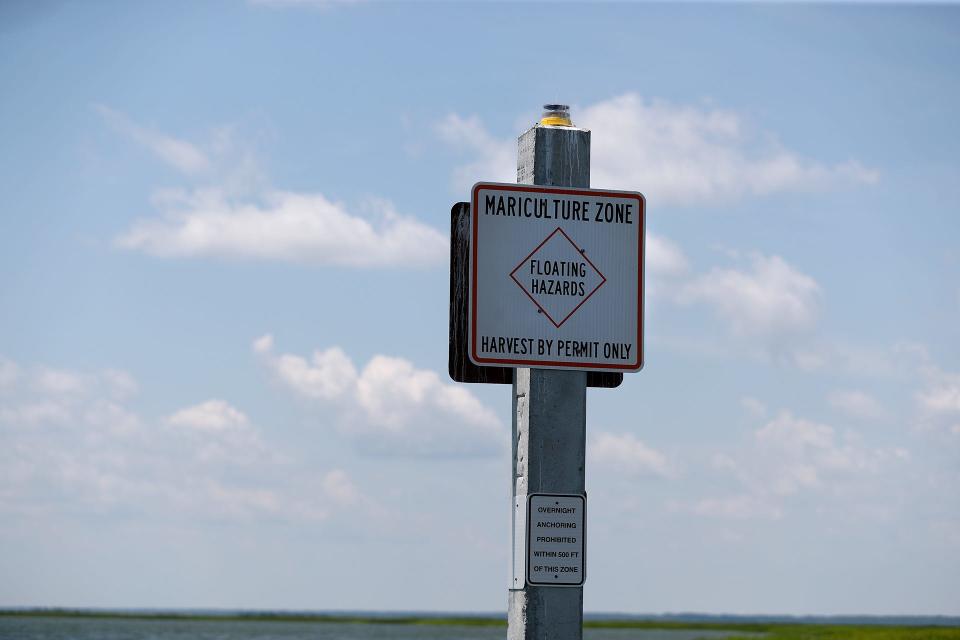 A sign marks the special mariculture zone in the Bull River  near the Wassaw Sound in Chatham County, Georgia. 