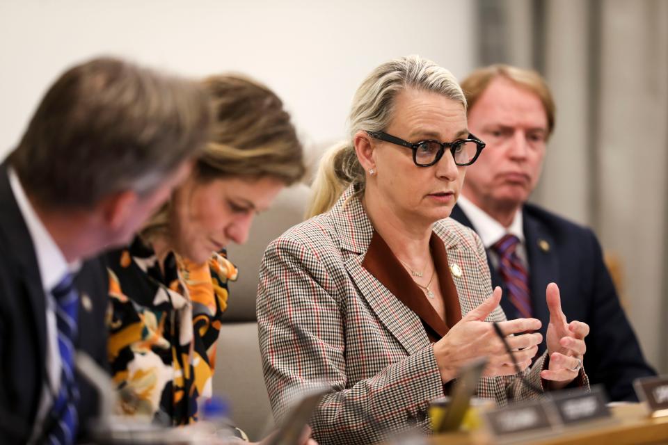 Sen. Kate Lieber, D-Portland, speaks public testimony Wednesday on three bills that each would recriminalize possession of small amounts of narcotics.