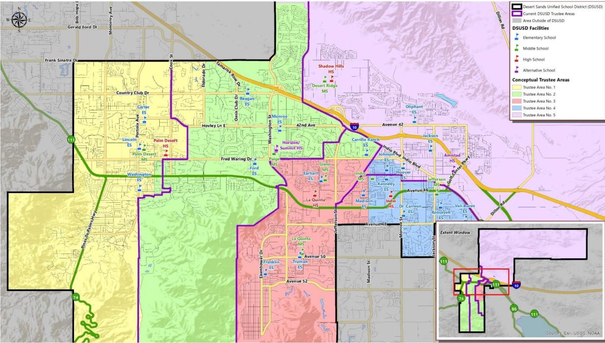 Redrawn Desert Sands Unified trustee areas using 2020 U.S. Census data remain similar to the district's current trustee areas