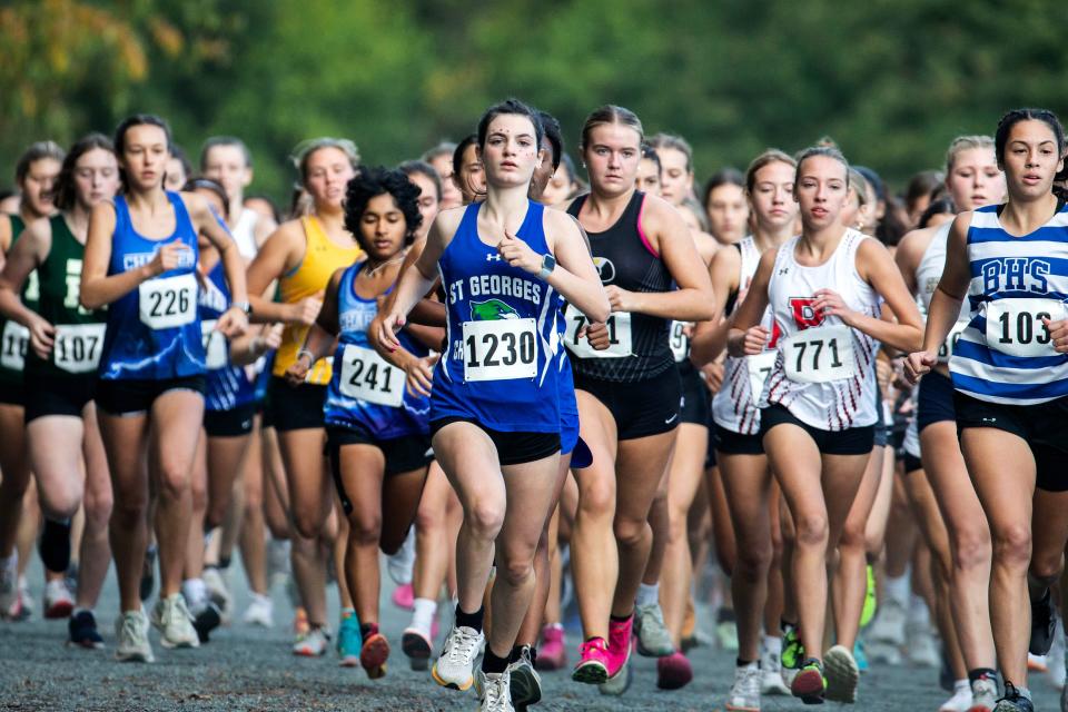 The Girls Varsity runners compete at the 2023 Joe O'Neill Invitational cross country race at Bellevue State Park in Wilmington, Thursday, Oct. 19, 2023.