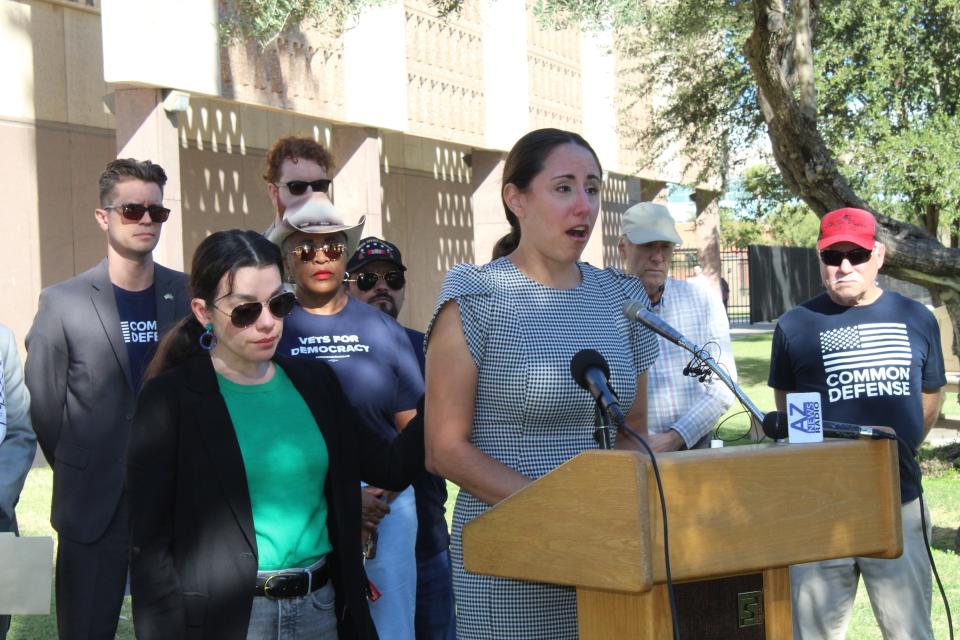 State Rep. Athena Salman, D-Tempe, is comforted by a supporter as she speaks about the war in Gaza.