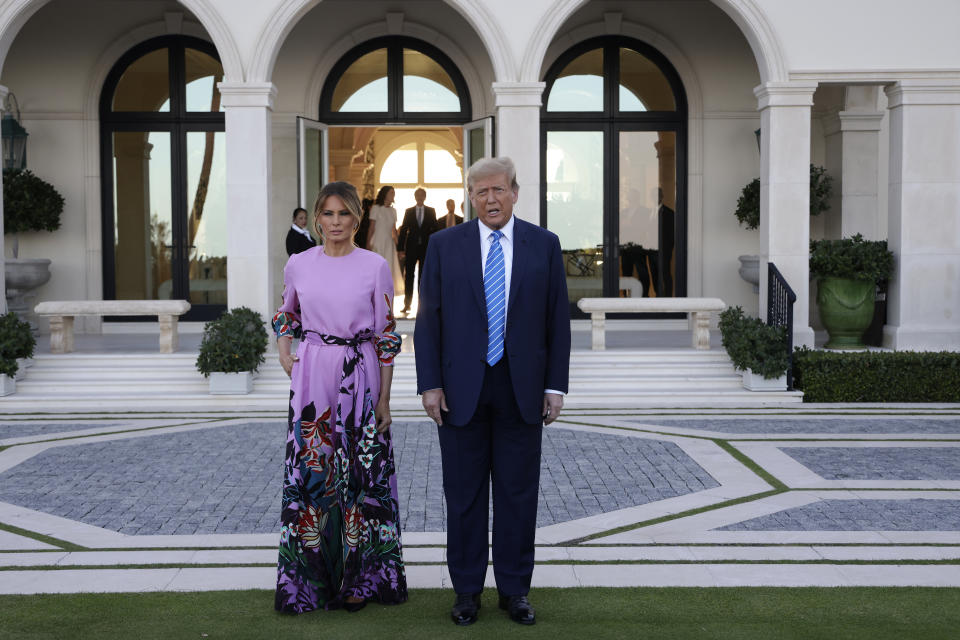 PALM BEACH, FLORIDA - APRIL 06: Republican presidential candidate, former US President Donald Trump and former first lady Melania Trump arrive at the home of billionaire investor John Paulson on April 6, 2024 in Palm Beach, Florida. Donald Trump's campaign is expecting to raise more than 40 million dollars when major donors gather a fundraiser billed as the "Inaugural Leadership Dinner". (Photo by Alon Skuy/Getty Images)