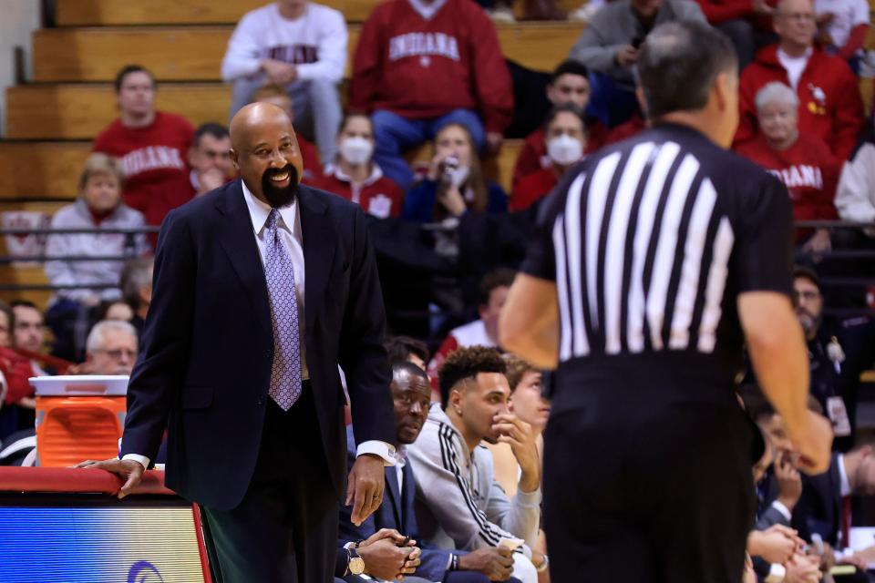 Head coach Mike Woodson of the Indiana Hoosiers reacts after a play during the first half in the game against the Kennesaw State Owls at Simon Skjodt Assembly Hall on December 23, 2022 in Bloomington, Indiana.