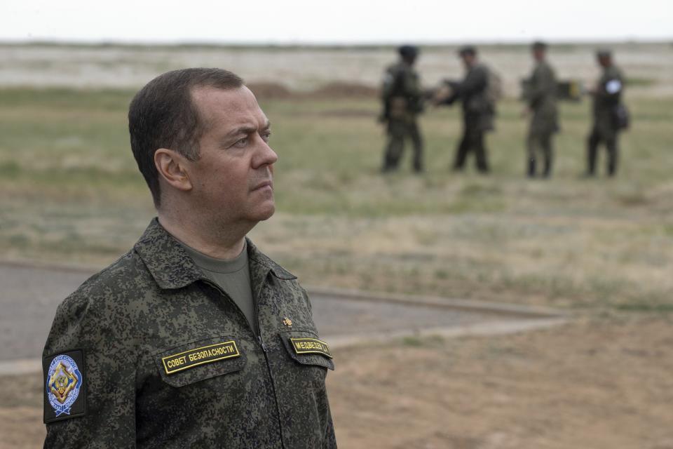 Russian Security Council Deputy Chairman and the head of the United Russia party Dmitry Medvedev visits the Prudboy military training ground in Volgograd region, Russia, Thursday, June 1, 2023. (Ekaterina Shtukina/Pool Photo via AP)