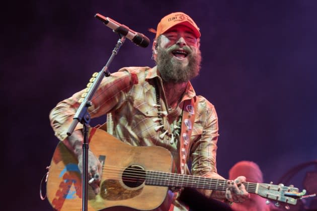 Post Malone performing at Stagecoach in April, just one of the many times he has embraced his country-music fandom - Credit: Allen J. Schaben / Los Angeles Times/Getty Images