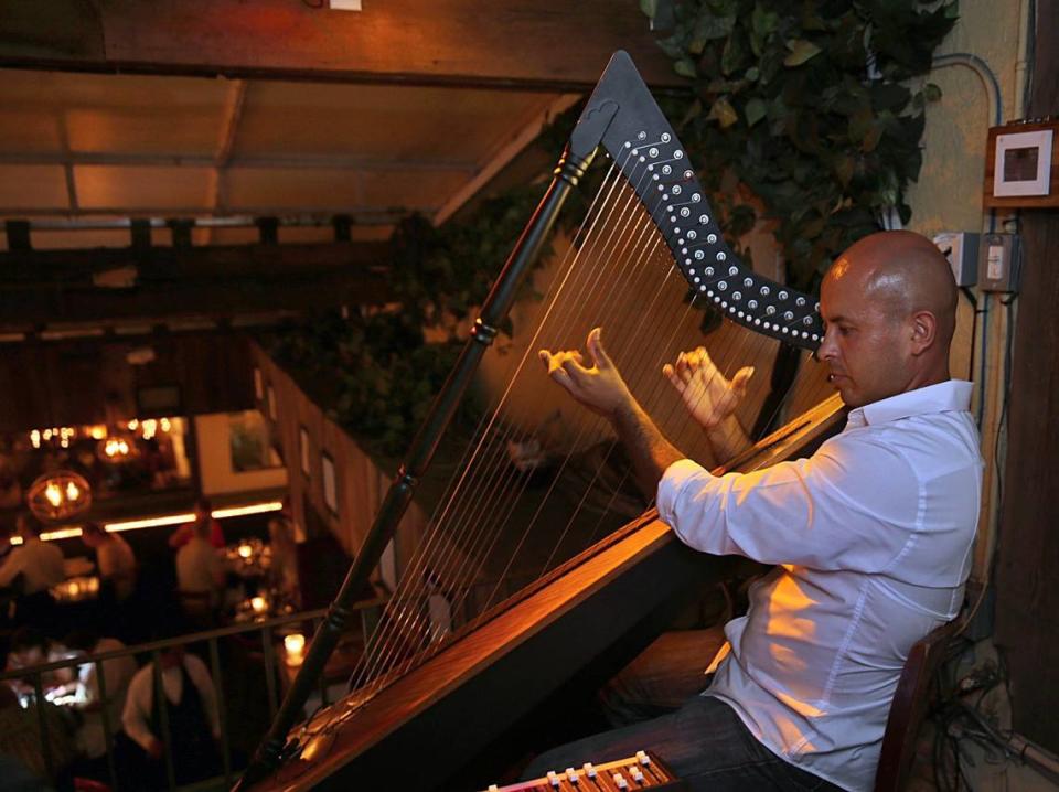 Alex Leon plays the harp at Perricone’s in 2015.