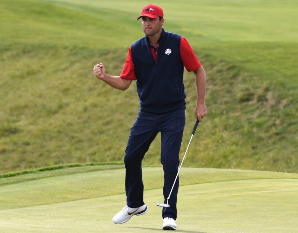 Team USA’s Scottie Scheffler reacts after making a birdie during day three of the 43rd Ryder Cup at Whistling Straits (Anthony Behar/PA) (PA Wire)