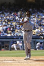 Cleveland Guardians' Oscar Gonzalez celebrates his home run during the sixth inning of a baseball game against the Los Angeles Dodgers in Los Angeles, Sunday, June 19, 2022. (AP Photo/Kyusung Gong)