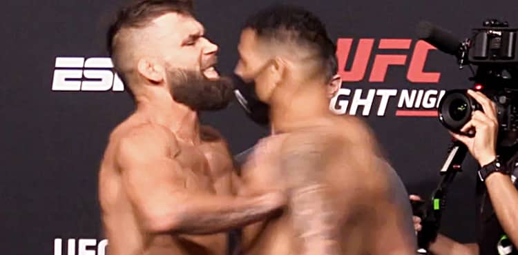 Jeremy Stephens shoves Draakar Klose at UFC Vegas 24 weigh-in