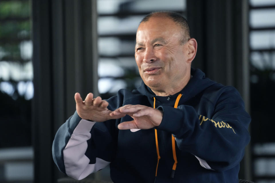 Australia's coach coach Eddie Jones speaks, during an interview after announcing his team, in Johannesburg, South Africa, Thursday, July 6, 2023, ahead of their Rugby Championship test against South Africa on Saturday. (AP Photo/Themba Hadebe)