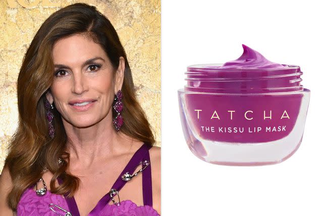 <p>ANGELA WEISS/AFP via Getty Images; Tatcha</p> Cindy Crawford; Tatcha The Kissu Lip Mask—Wisteria