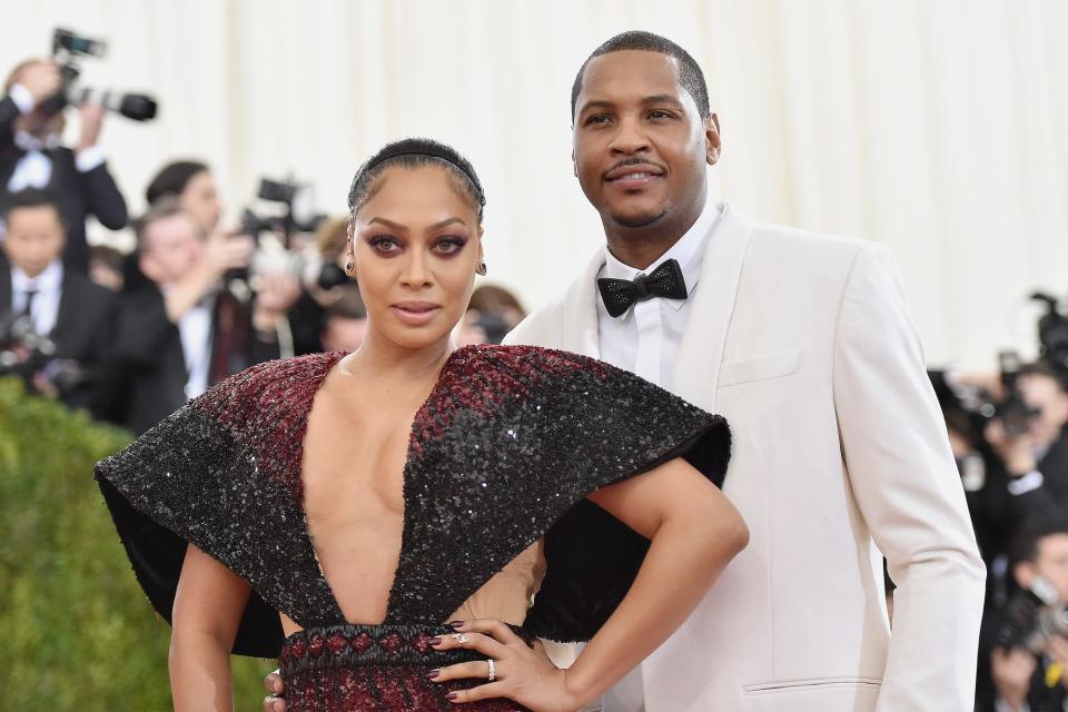 La La Anthony (L) and Carmelo Anthony attend the "Manus x Machina: Fashion In An Age Of Technology" Costume Institute Gala at Metropolitan Museum of Art on May 2, 2016 in New York City.