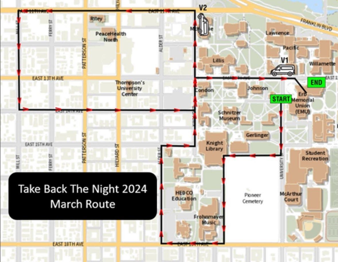 The annual Take Back the Night rally and march are scheduled Thursday evening, with a march through city streets expected to start at about 7 p.m. that would go through the University of Oregon campus and the surrounding area and end at the Erb Memorial Union Amphitheater.