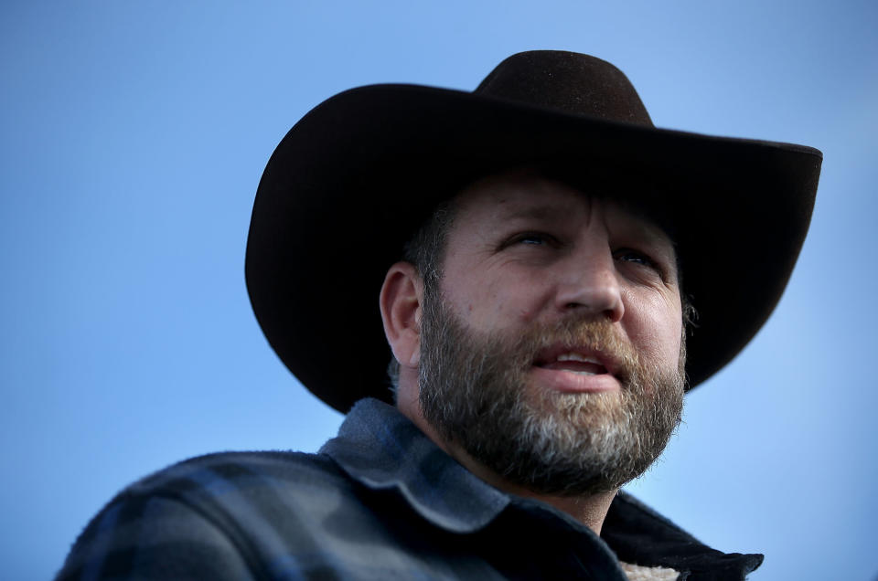 Ammon Bundy speaks to members of the media in front of the Malheur National Wildlife Refuge Headquarters on Jan. 6, 2016, near Burns, Oregon. (Photo: Justin Sullivan via Getty Images)