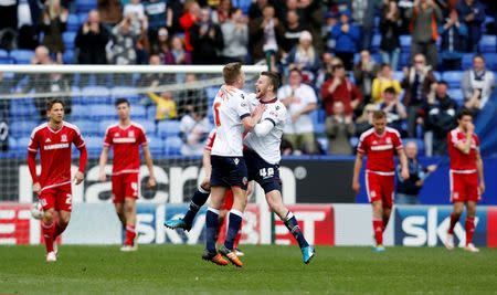 Football Soccer - Bolton Wanderers v Middlesbrough - Sky Bet Football League Championship - Macron Stadium - 16/4/16 Josh Vela (L) celebrates with Niall Maher after scoring the first goal for Bolton Wanderers Mandatory Credit: Action Images / Ed Sykes Livepic EDITORIAL USE ONLY.