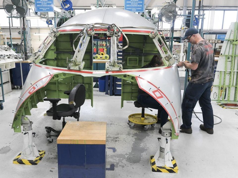  A Bombardier Challenger 650 aircraft cockpit is shown under construction at Bombardier’s Challenger manufacturing plant in Montreal, April 5, 2023.