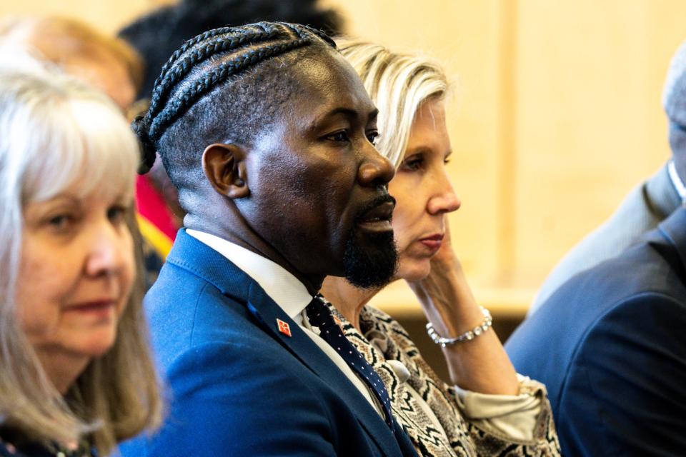 Ian Roberts sits in the audience before being named the new DMPS superintendent during a Des Moines Public Schools board meeting at Central Campus on Tuesday, May 16, 2023, in Des Moines.