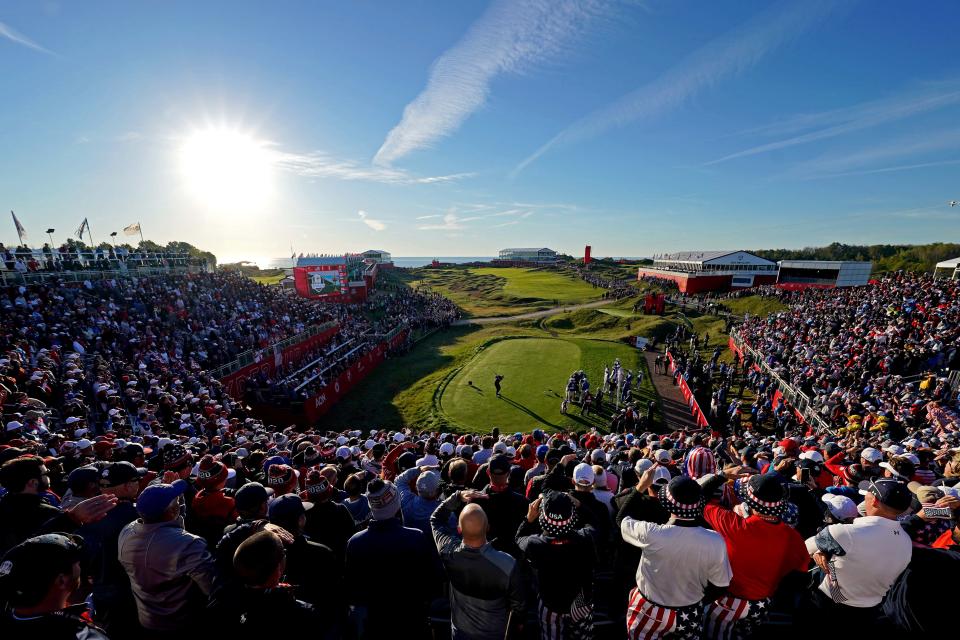 Team USA player Daniel Berger plays his shot from the first tee during Day 1 foursome matches for the 43rd Ryder Cup at Whistling Straits.