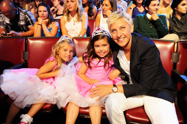 UNIVERSAL CITY, CA - JULY 22:  (EXCLUSIVE COVERAGE) TV personality Ellen DeGeneres (R) with Rosie McClelland and Sophia Grace Brownlee in the audience during the 2012 Teen Choice Awards at Gibson Amphitheatre on July 22, 2012 in Universal City, California.  (Photo by Kevin Mazur/TCA 2012/WireImage)