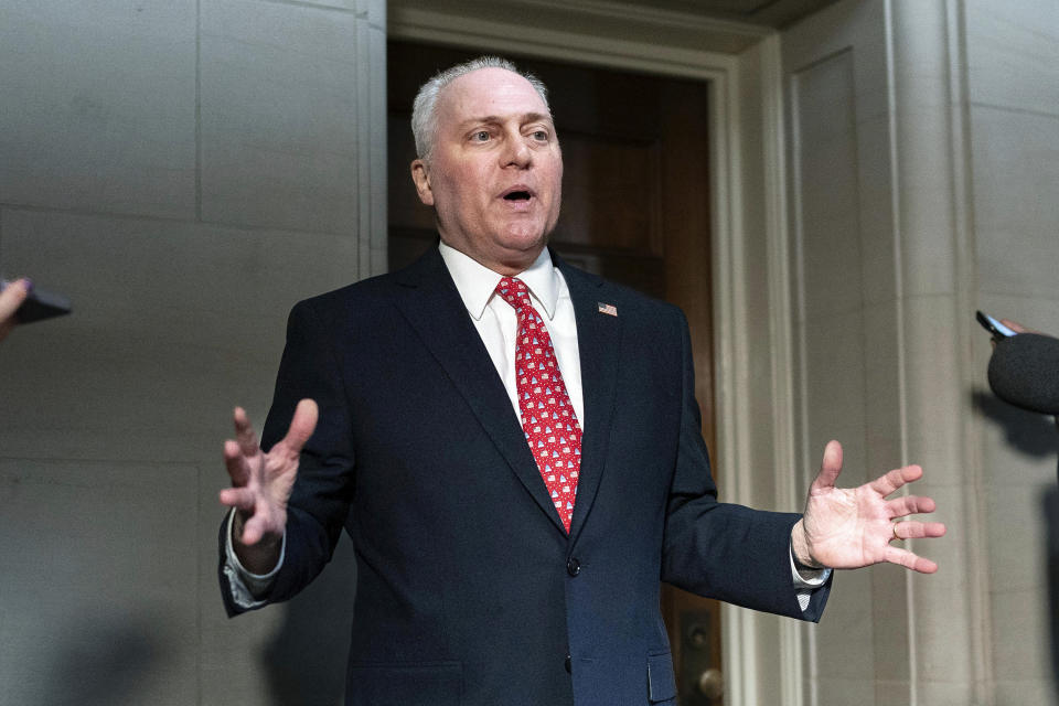 House Majority Leader Steve Scalise, R-La., talks to reporters as he leaves Republicans closed-door forum to hear from the candidates for speaker of the House, at the Capitol in Washington, Tuesday, Oct. 10, 2023. House business and most congressional action has come to a standstill after Rep. Kevin McCarthy, R-Calif., was ousted as speaker by conservatives in his own party (AP Photo/Jose Luis Magana)