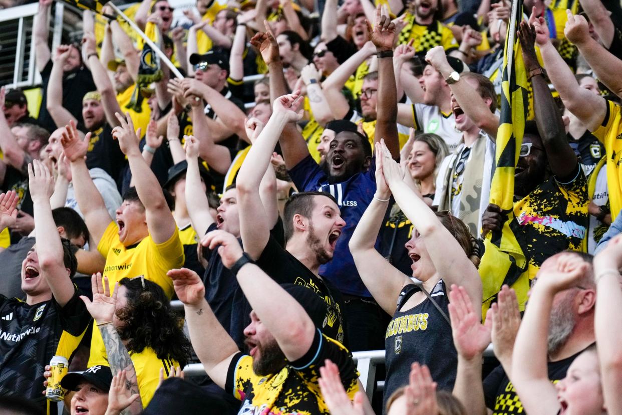 May 13, 2023; Columbus, Ohio, USA;  Nordecke fans celebrate after Columbus Crew midfielder Darlington Nagbe (6) scores during the first half of the MLS soccer game between Columbus Crew and Orlando City at Lower.com Field.