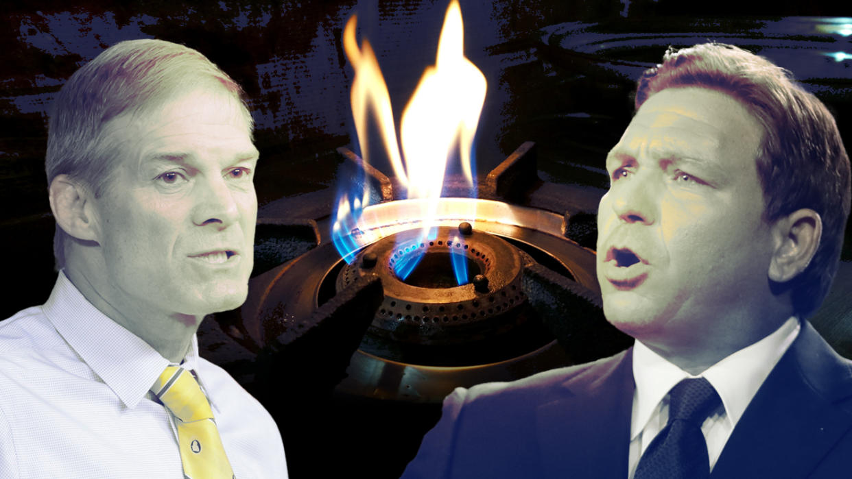 A photo illustration showing Rep. Jim Jordan and Gov. Ron DeSantis against a background image of a gas burner turned on. 