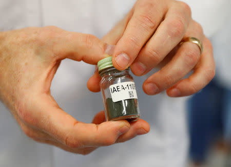 A uranium sample is seen in the International Atomic Energy Agency (IAEA) nuclear material laboratory in Seibersdorf, Austria June 13, 2018. Picture taken June 13, 2018. REUTERS/Leonhard Foeger