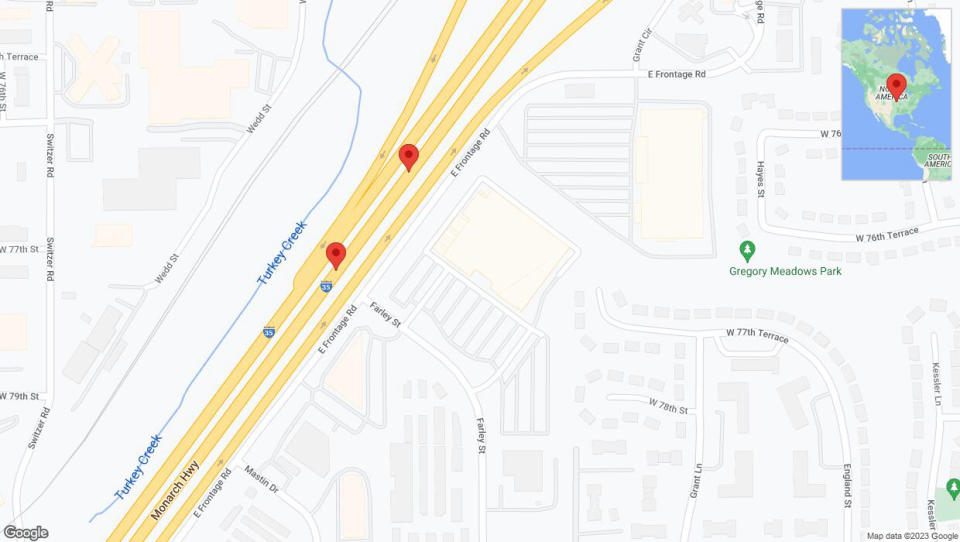 A detailed map that shows the affected road due to 'Broken down vehicle on eastbound I-35 in Overland Park' on December 29th at 2:21 p.m.