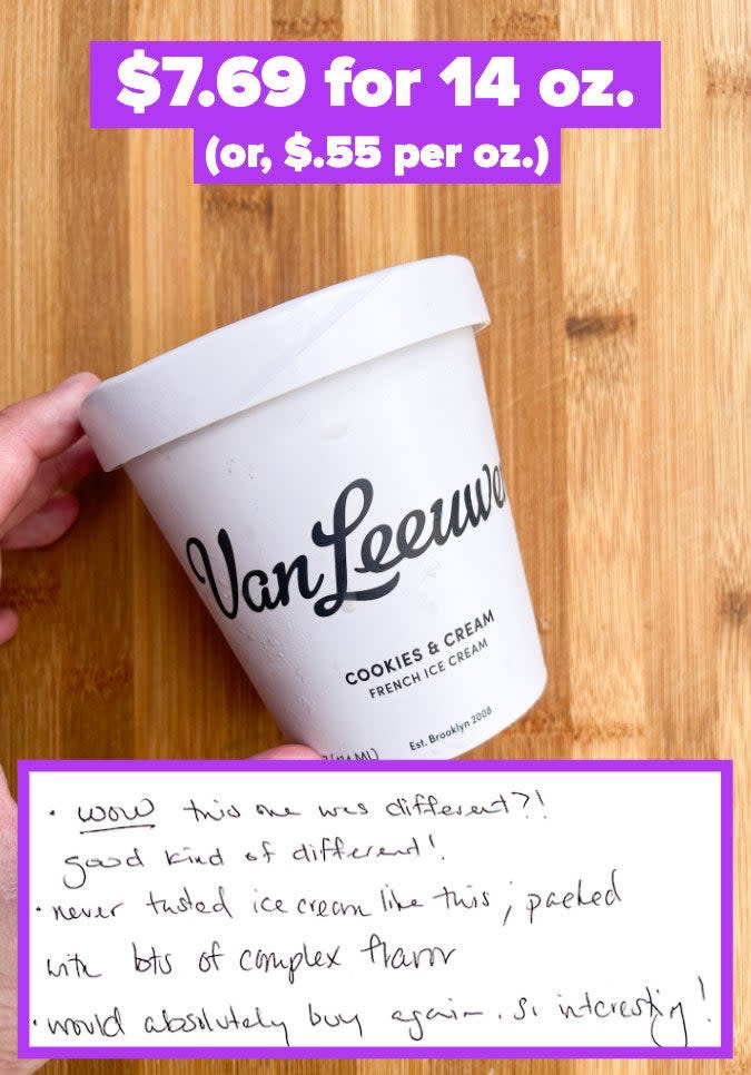A pint of Van Leeuwen ice cream with notes that say, "lots of complex flavor."