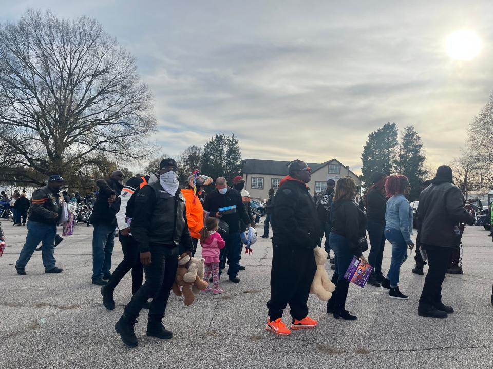 Riders lined up in front of the Salvation Army truck to turn in toy donations after participating in the 35th annual Gaston County Toys for Tots motorcycle ride that happened Sunday, Nov. 28, 2021.