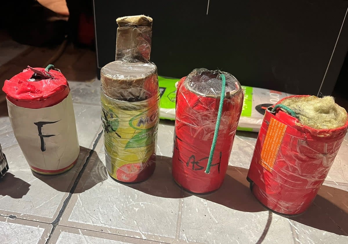 The Hatziagelis brothers had handmade explosives — pictured above — and ghost guns in their Queens, New York home, officials say (Queens County District Attorney’s Office)