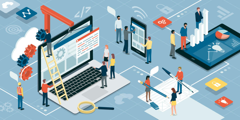 An artist's rendering of an office layout from an overhead view with different technologies along the floor: a laptop, a smartphone, a tablet with a chart rendered on it.