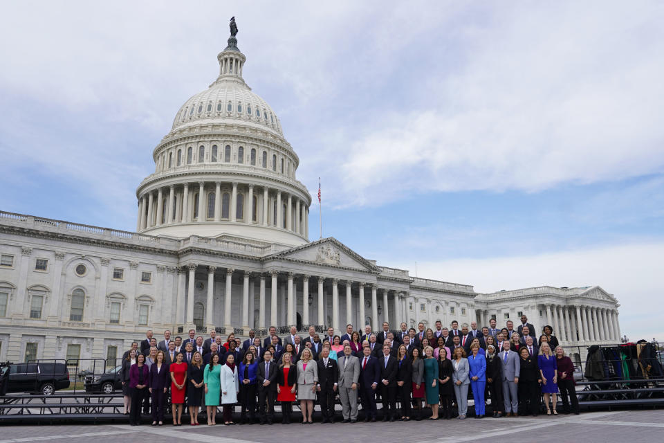 In this Nov. 14, 2018 photo, members of the freshman class of Congress pose for a photo opportunity on Capitol Hill in Washington. (AP Photo/Pablo Martinez Monsivais)