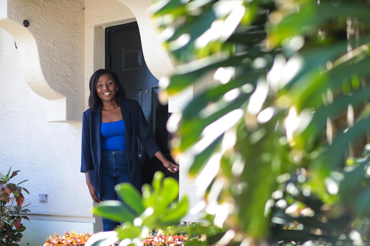 Alainta Alcin, a first-generation American whose father died and mother lived paycheck to paycheck while raising six children, at her townhouse in West Palm Beach, Fla., April 21, 2024. (Eric Striffler/The New York Times)