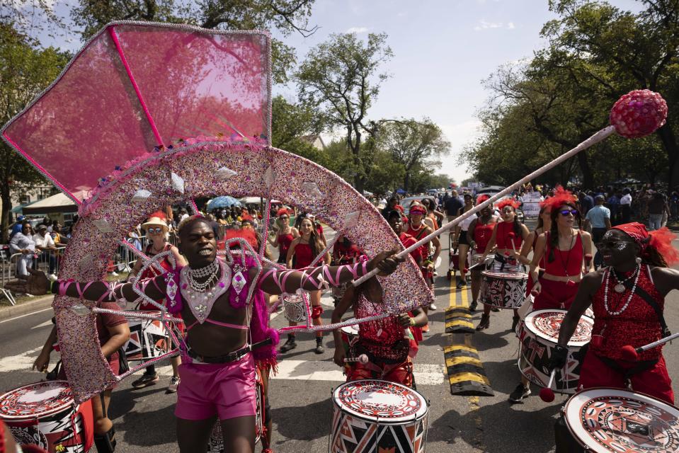 Dancers participate in the West Indian Day Parade, Monday, Sept. 4, 2023, in the Brooklyn borough of New York. The largest U.S. celebration of Caribbean culture is held in New York City, as steel bands, floats and flamboyantly costumed revelers take to the streets in the West Indian Day parade. (AP Photo/Yuki Iwamura)