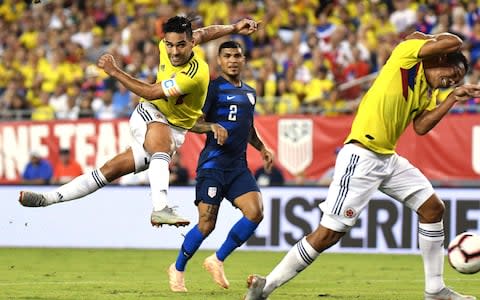 Colombia forward Radamel Falcao (9) takes a shot on goal against the United States in the first half during an international friendly soccer match at Raymond James Stadium - Credit: Jonathan Dyer/USA TODAY Sports