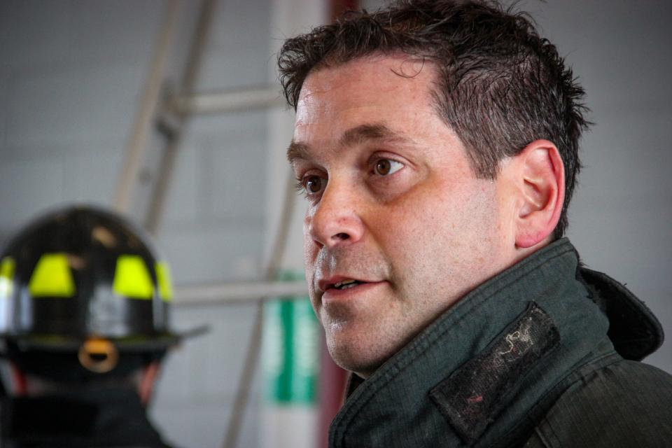 Fall River firefighter Jason Burns works up a sweat during the training and research exercise at Nantucket Fire Department headquarters on March 28, 2022.