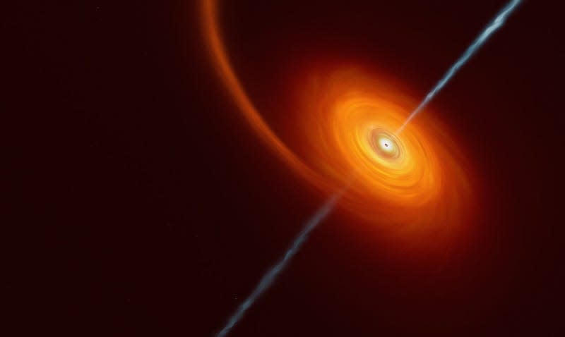 An illustration of a black hole surrounded by superheated material and spewing relativistic jets.