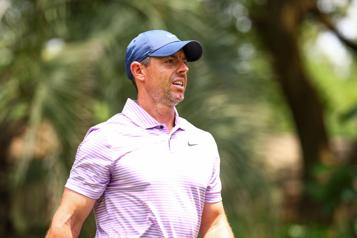 HILTON HEAD ISLAND, SOUTH CAROLINA - APRIL 21: Rory McIlroy of Northern Ireland walks off the second hole tee box during the final round of the RBC Heritage at Harbour Town Golf Links on April 21, 2024 in Hilton Head Island, South Carolina. (Photo by Jared C. Tilton/Getty Images)