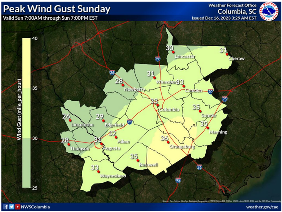 Gusts of up to 40 miles per hour are predicted in parts of South Carolina on Sunday, Dec. 17, 2023.