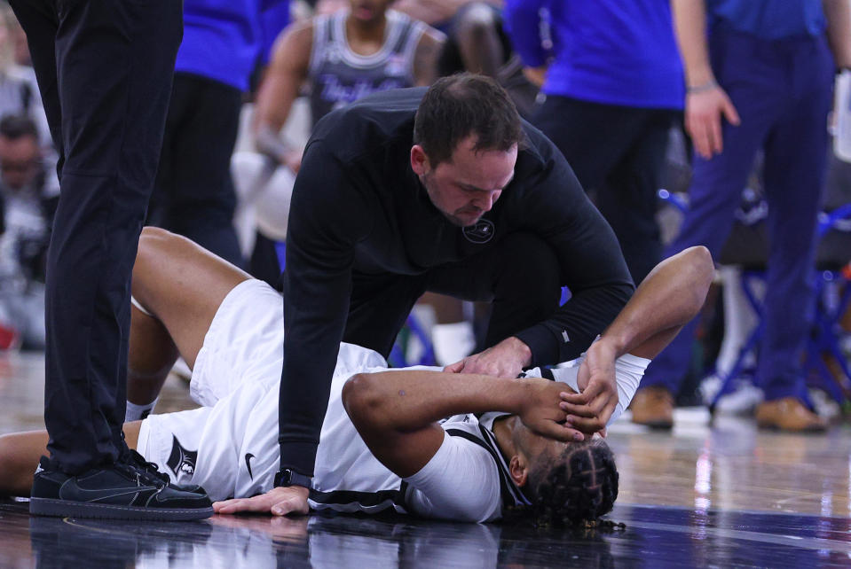 Bryce Hopkins was helped off the court in the Friars’ loss to Seton Hall on Wednesday night.